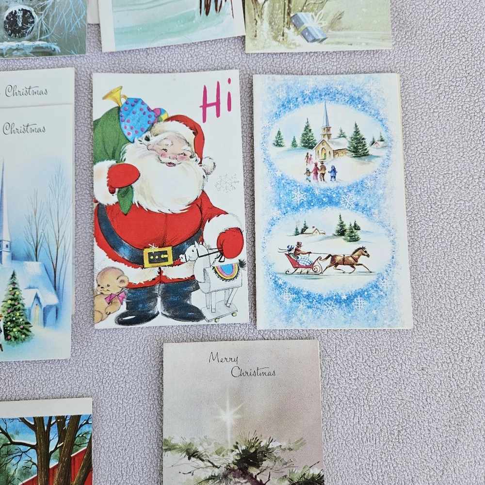VTG Christmas Card Set of 16 Holiday Greeting Church Snow Deer Santa Mailbox